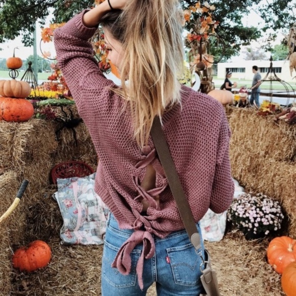 Express Sweaters - [Express] Chunky Knit Lace Up Back Sweater